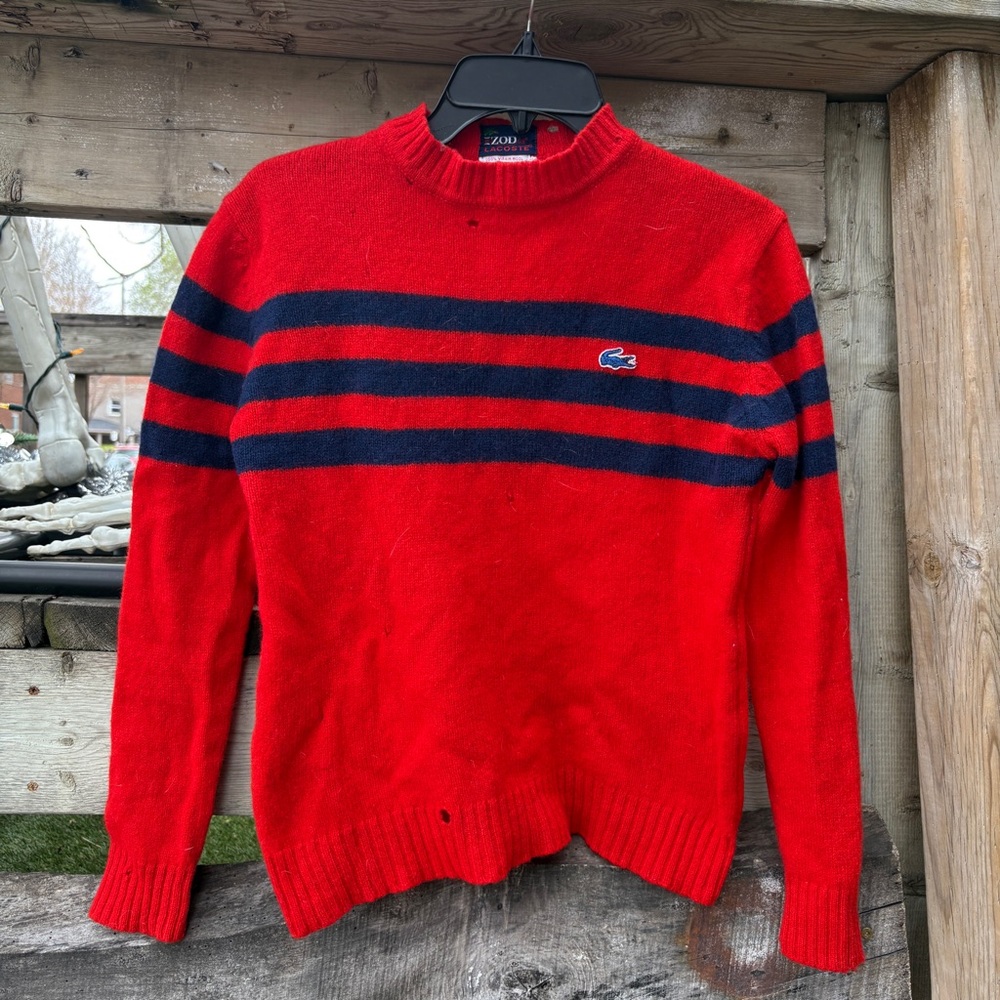 Lacoste Vintage Red and Blue Crewneck Sweater with Nautical Stripes